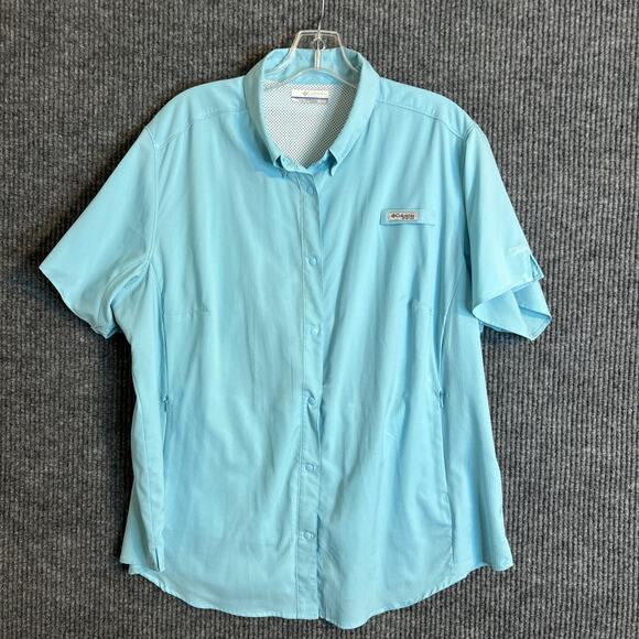 Columbia PFG Womens Button Up Shirt Size 1X Blue Short Sleeve Vented Angler - Picture 1 of 10